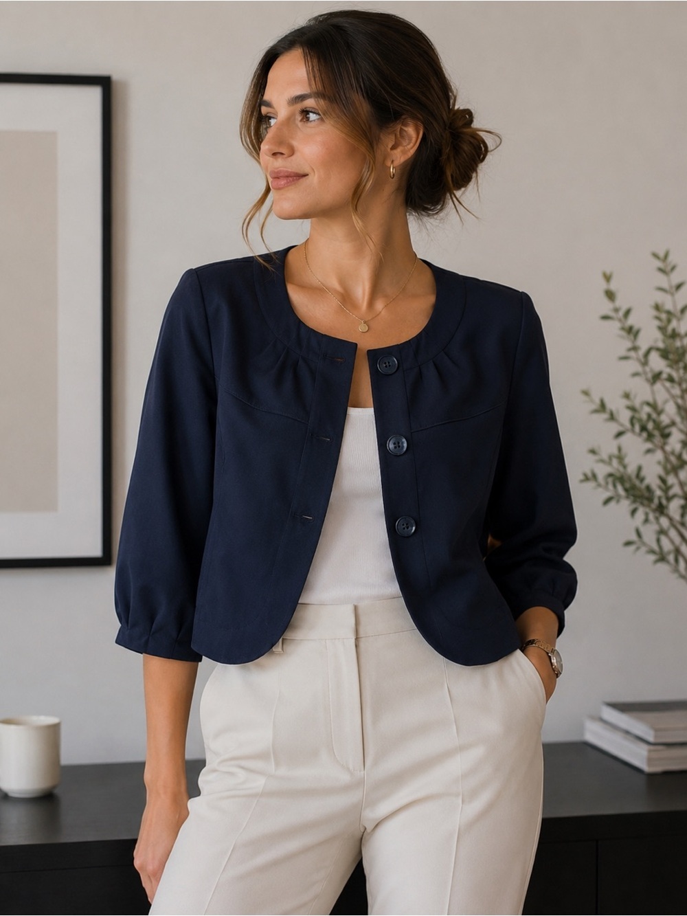 Olsen Europe Navy Blue Cropped Blazer Size 4 Office Lightweight Workwear